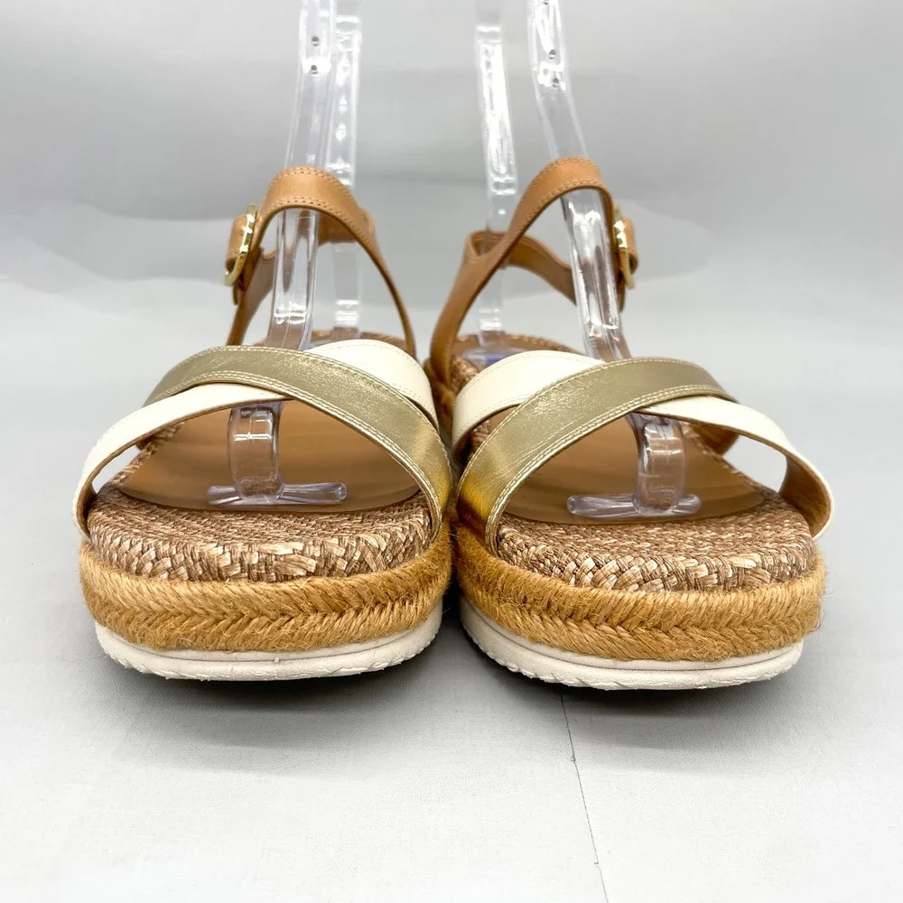 Vionic Womens 9 Mar Platform Sandals Tan Gold Leather Strappy Espadrille Wedge - Picture 2 of 12
